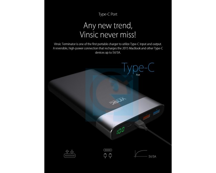 Vinsic Power Bank 20000 мАч із швидкою зарядкою QC3.0 2.4A для Samsung, iPhone, Xiaomi
