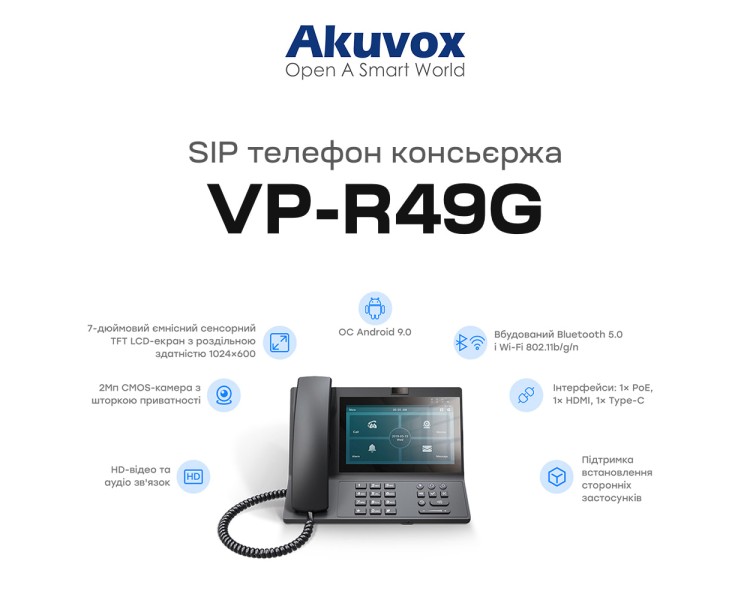 SIP-відеотелефон з WiFi 2Mp Akuvox VP-R49G на 2 SIP акаунти
