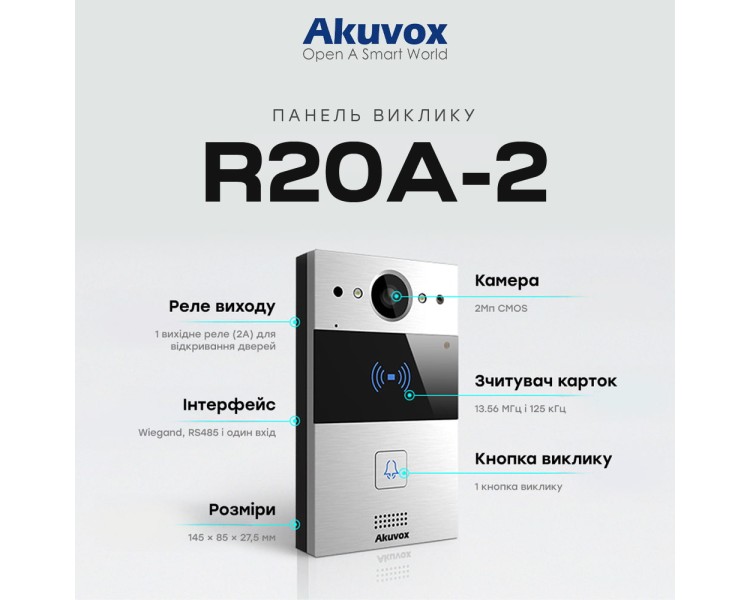 IP-відеопанель 2Mp Akuvox R20A-2 SIP зі зчитувачем EM-Marine / Mifare / NFC, 2-дротове підключення