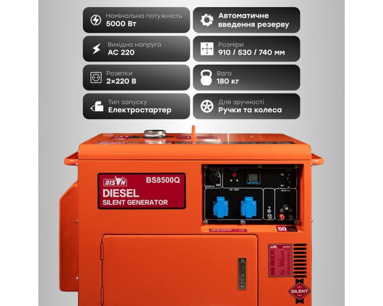 Генератор дизельний однофазний 5 кВт Bison BS8500Q