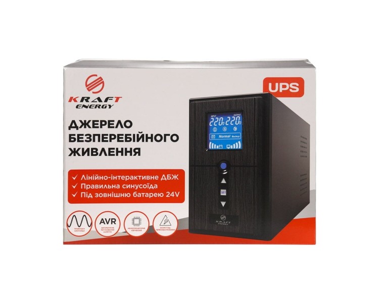 Джерело безперебійного живлення Kraft KRF-PSW1000VA/800W(LCD)24V UPS під зовнішній акумулятор