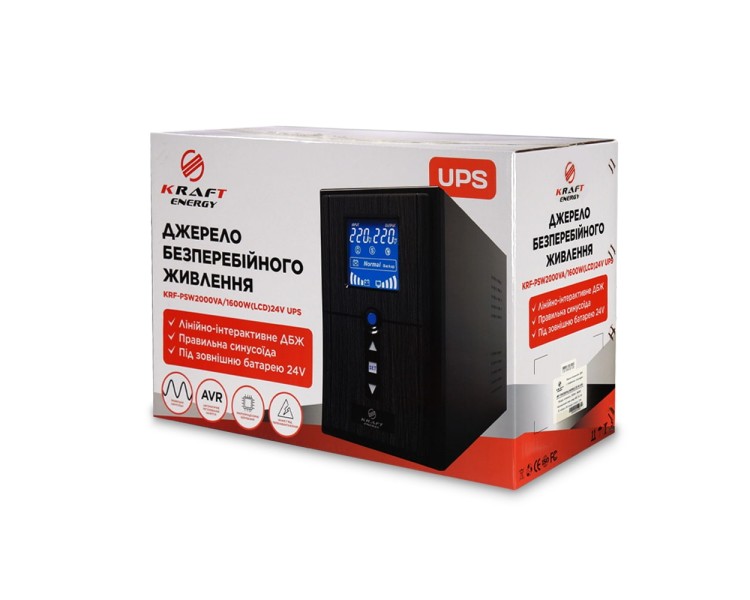 Джерело безперебійного живлення Kraft KRF-PSW2000VA/1600W(LCD)24V UPS під зовнішній акумулятор