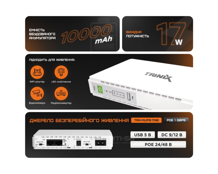 Джерело безперебійного живлення DC UPS Trinix TRX-MUPS-1748 PoE (10000mAh) 5V/9V/12V/24V/48V/PoE 1Gbps, Li-ion 4*2.5Ah, для роутера і медіаконвертера