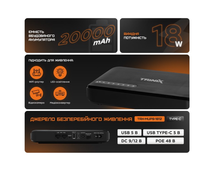 Джерело безперебійного живлення DC UPS Trinix TRX-MUPS-1812 Type-C (20000mAh LiFePo4) 5V/9V/12V/48V/PoE, LiFePo4 4*5Ah, для роутера і медіаконвертера