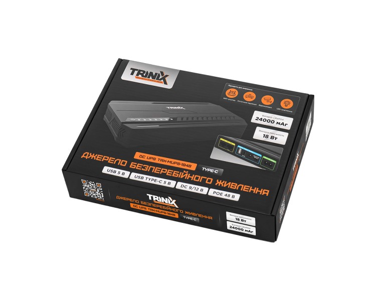 Джерело безперебійного живлення DC UPS Trinix TRX-MUPS-1848 Type-C (24000mAh LiFePo4) 5V/9V/12V/48V/PoE, LiFePo4 4*6Ah, для роутера і медіаконвертера