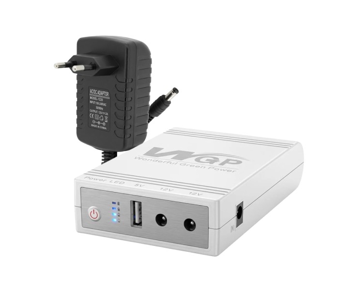 Комплект Mini UPS з блоком живлення: джерело безперебійного живлення Mini UPS WGP UPS103C 16000mAh 5V/12V/12V, Li-ion 4*4Ah, для роутера і оптичного термінала та блок живлення SPF-1202B 12V/2A (24W)