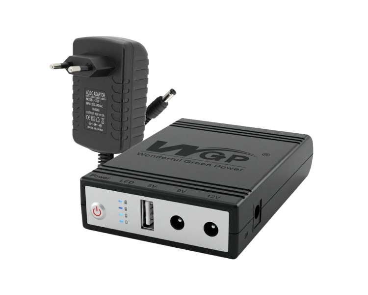 Комплект Mini UPS з блоком живлення: джерело безперебійного живлення Mini UPS WGP UPS1032 Black 10400mAh 5V/9V/12V, Li-ion 4*2.6Ah, для роутера і оптичного термінала та блок живлення SPF-1202B 12V/2A (24W)