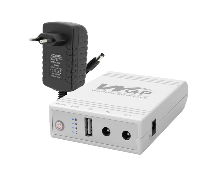 Комплект Mini UPS з блоком живлення: джерело безперебійного живлення Mini UPS WGP UPS103A White 10400mAh 5V/9V/12V, Li-ion 4*2.6Ah, для роутера і оптичного термінала та блок живлення SPF-1202B 12V/2A (24W)