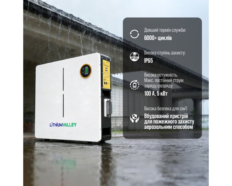 Акумуляторна батарея літій-залізо-фосфатна LiFePO4 100А*год 51.2В 5120Вт*год Lithium Valley LV-BAT-W5.12Ac настінний монтаж