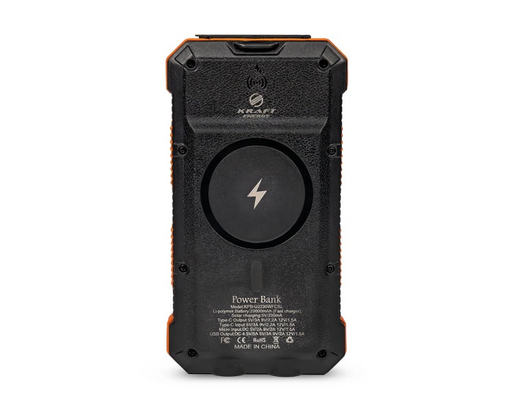 Повербанк з сонячною панеллю 20000mAh Power Bank Kraft KPB-U2230WFCSL Orange бездротова зарядка LED-ліхтар