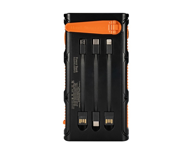 Повербанк з сонячною панеллю 30000mAh Power Bank Kraft KPB-U1930HCSL Orange ліхтар, динамогенератор