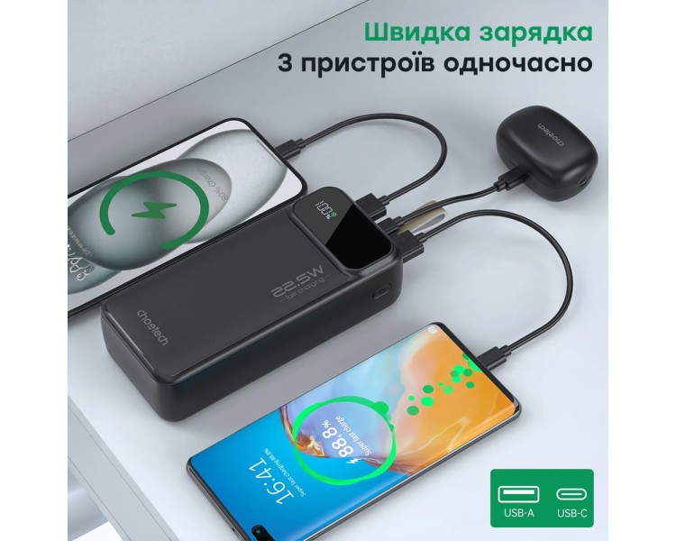 Повербанк 20000 mAh Choetech B729 Black 22.5W QC3.0 PD3.0