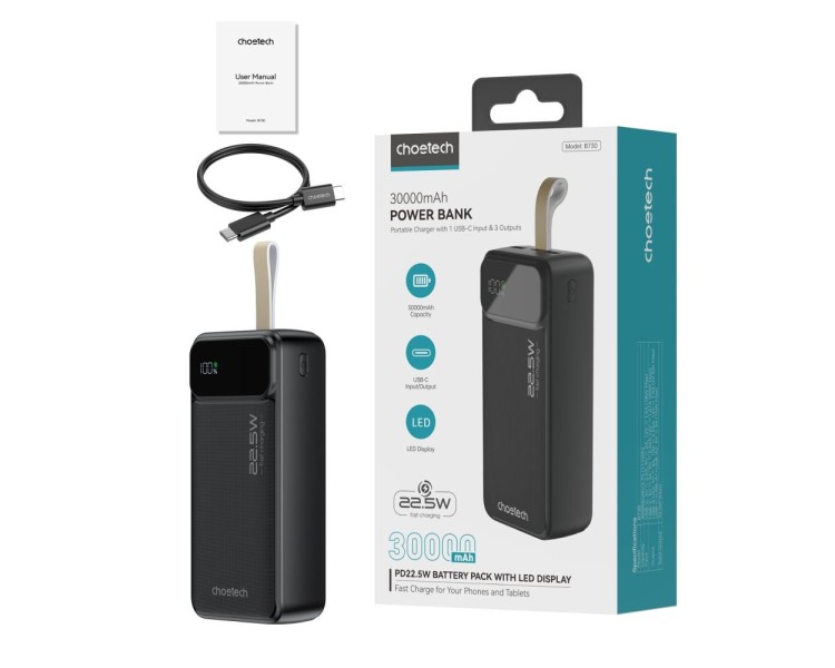 Повербанк 30000 mAh Choetech B730 Black 22.5W QC3.0 PD3.0