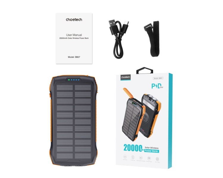 Повербанк з сонячною панеллю 20000mAh Choetech B657 Black PD20W+QC QC3.0 PD3.0 бездротова зарядка