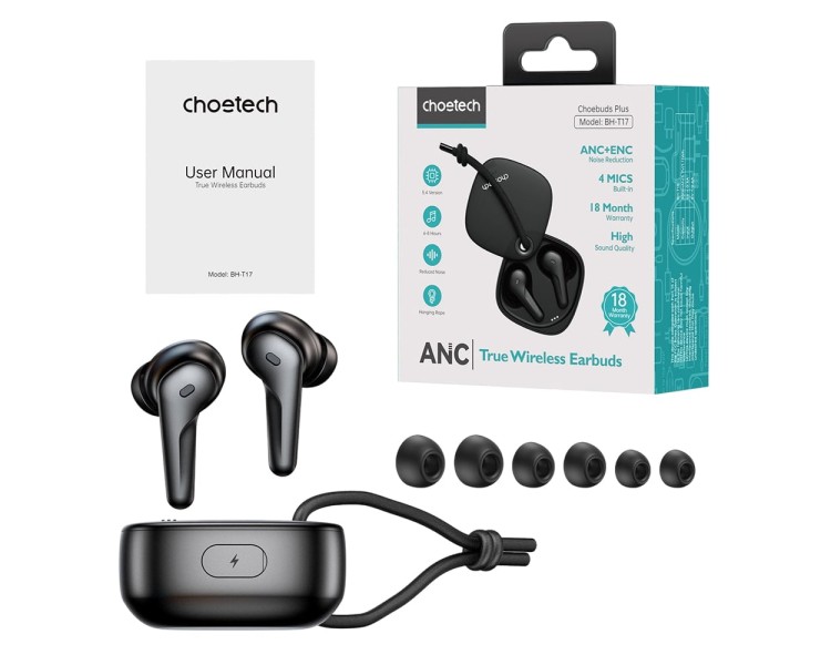 Бездротові навушники Choetech BH-T17 Black TWS, Bluetooth 5.4, ANC+ENC
