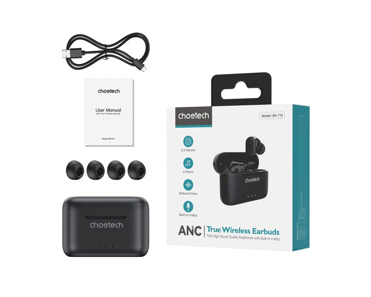 Бездротові навушники Choetech BH-T15 Black TWS, Bluetooth 5.2, ANC+ENC