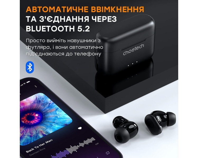 Бездротові навушники Choetech BH-T15 Black TWS, Bluetooth 5.2, ANC+ENC