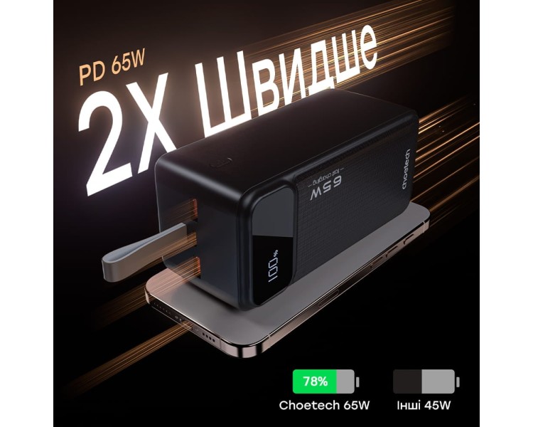 Повербанк 50000 mAh Choetech B733 Black 65W QC3.0 PD3.0