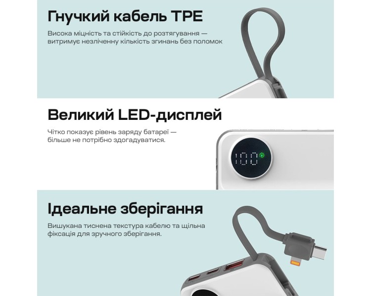 Повербанк 10000mAh Choetech B695 White QC3.0 PD3.0 бездротова зарядка смартфонів та Apple Watch