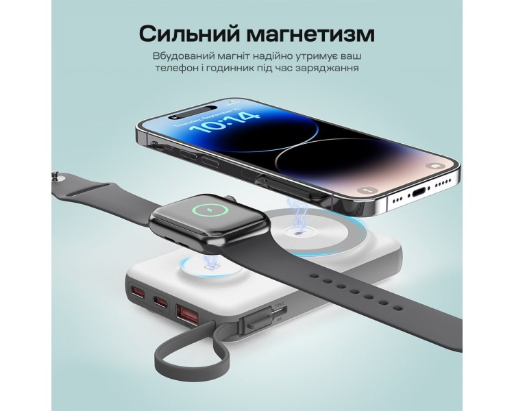 Повербанк 10000mAh Choetech B695 White QC3.0 PD3.0 бездротова зарядка смартфонів та Apple Watch