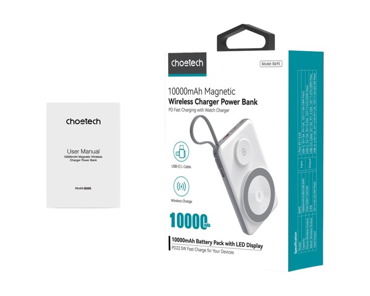 Повербанк 10000mAh Choetech B695 White QC3.0 PD3.0 бездротова зарядка смартфонів та Apple Watch