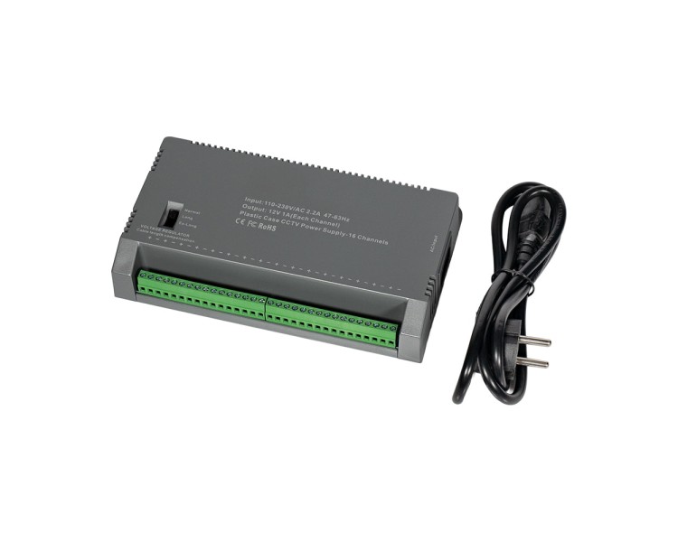 Блок живлення Kraft KRF-1216B (16CH) 200W, 16 каналів навантаження, 12V/1A на 1 канал, з регулятором напруги для компенсації довжини кабелю