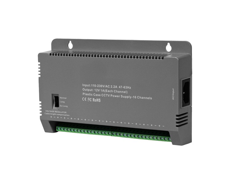 Блок живлення Kraft KRF-1216B (16CH) 200W, 16 каналів навантаження, 12V/1A на 1 канал, з регулятором напруги для компенсації довжини кабелю