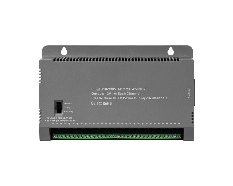 Блок живлення Kraft KRF-1216B (16CH) 200W, 16 каналів навантаження, 12V/1A на 1 канал, з регулятором напруги для компенсації довжини кабелю