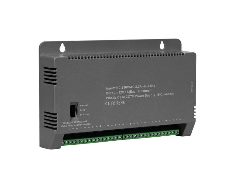 Блок живлення Kraft KRF-1216B (16CH) 200W, 16 каналів навантаження, 12V/1A на 1 канал, з регулятором напруги для компенсації довжини кабелю