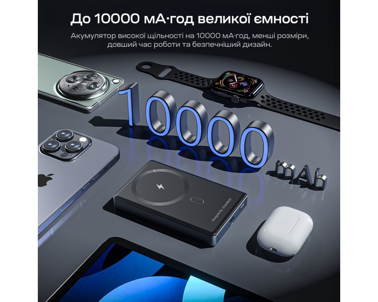Повербанк 10000mAh Choetech B739 Black QC3.0 PD3.0 бездротова магнітна зарядка