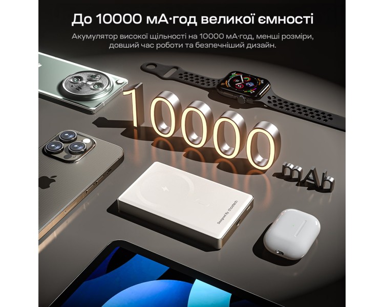 Повербанк 10000mAh Choetech B739 Silver QC3.0 PD3.0 бездротова магнітна зарядка
