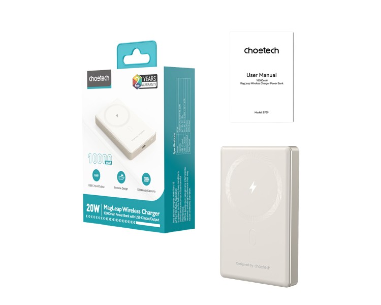 Повербанк 10000mAh Choetech B739 Silver QC3.0 PD3.0 бездротова магнітна зарядка