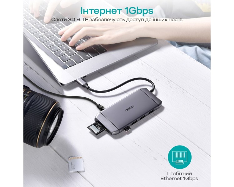 USB-C хаб 9-в-1 Choetech M15 HDMI 4K@30Hz, VGA, 3 USB3.0, RJ45, USB-C PD, SD-card, TF-card