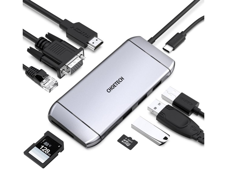 USB-C хаб 9-в-1 Choetech M15 HDMI 4K@30Hz, VGA, 3 USB3.0, RJ45, USB-C PD, SD-card, TF-card