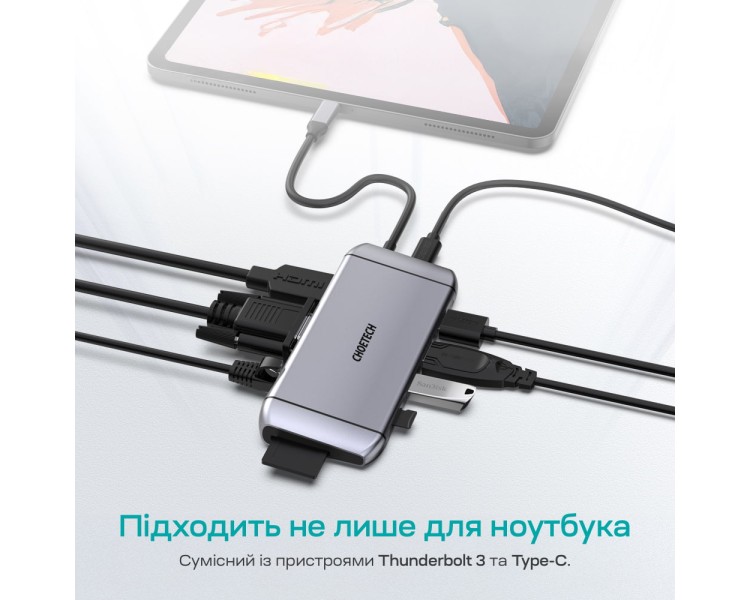 USB-C хаб 9-в-1 Choetech M15 HDMI 4K@30Hz, VGA, 3 USB3.0, RJ45, USB-C PD, SD-card, TF-card