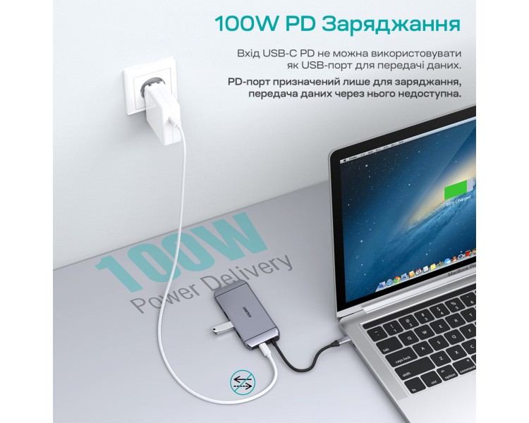 USB-C хаб 9-в-1 Choetech M15 HDMI 4K@30Hz, VGA, 3 USB3.0, RJ45, USB-C PD, SD-card, TF-card