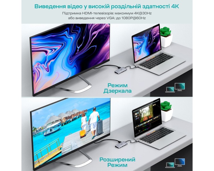 USB-C хаб 9-в-1 Choetech M15 HDMI 4K@30Hz, VGA, 3 USB3.0, RJ45, USB-C PD, SD-card, TF-card