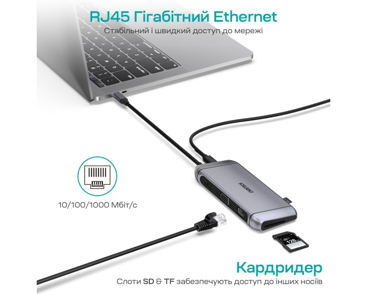 USB-C хаб 9-в-1 Choetech M15 HDMI 4K@30Hz, VGA, 3 USB3.0, RJ45, USB-C PD, SD-card, TF-card