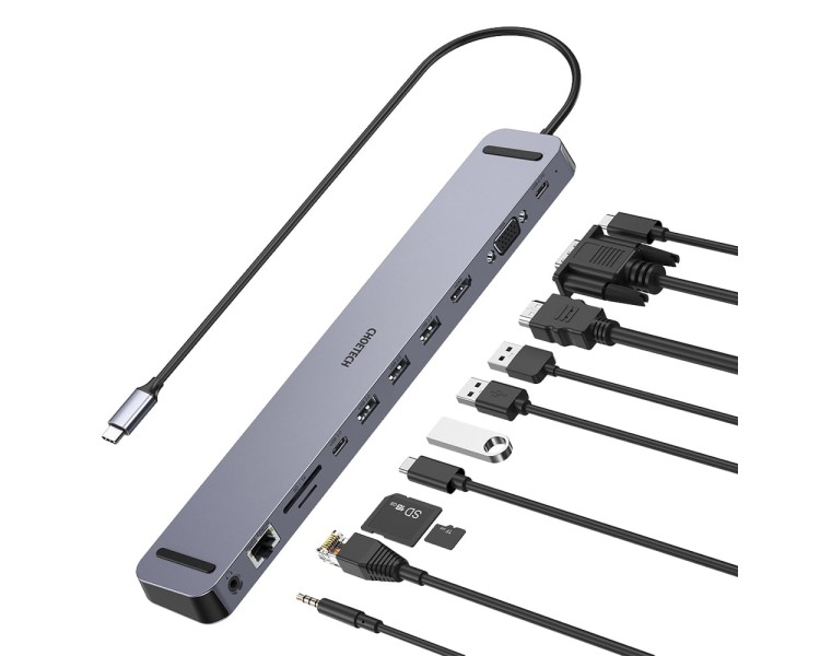 USB-C хаб 11-в-1 Choetech M20 HDMI 4K@30Hz, VGA, 3 USB-A 3.0, USB-C 3.0, RJ45, USB-C PD, SD-card, TF-card, 3.5mm audio