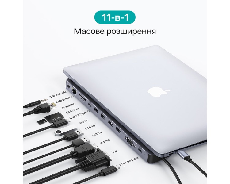 USB-C хаб 11-в-1 Choetech M20 HDMI 4K@30Hz, VGA, 3 USB-A 3.0, USB-C 3.0, RJ45, USB-C PD, SD-card, TF-card, 3.5mm audio