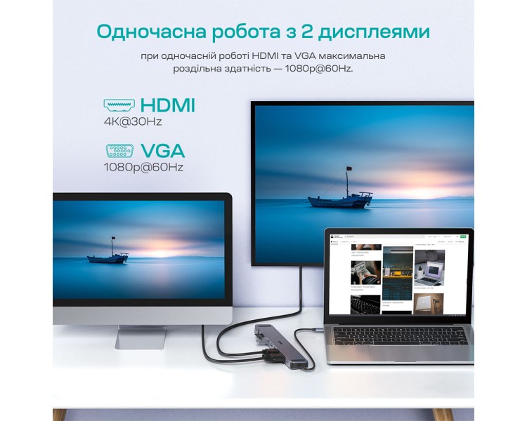 USB-C хаб 11-в-1 Choetech M20 HDMI 4K@30Hz, VGA, 3 USB-A 3.0, USB-C 3.0, RJ45, USB-C PD, SD-card, TF-card, 3.5mm audio
