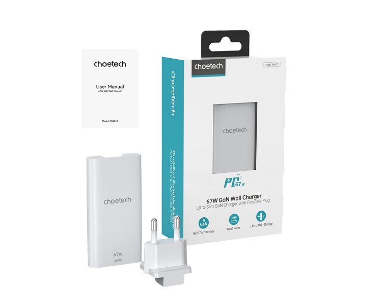 Мережевий зарядний пристрій Choetech PD6011 Ultra thin PD67W GAN A+C White