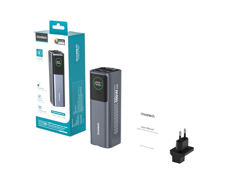 Повербанк 20000mAh Choetech B1012 Grey 100W з EU адаптером QC3.0 PD3.0, вбудований кабель