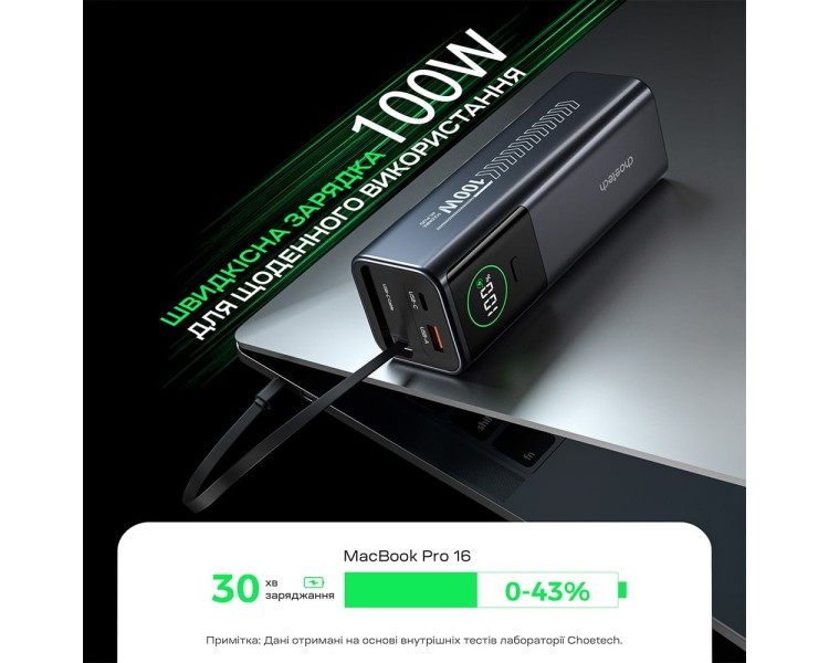 Повербанк 20000mAh Choetech B1012 Grey 100W з EU адаптером QC3.0 PD3.0, вбудований кабель