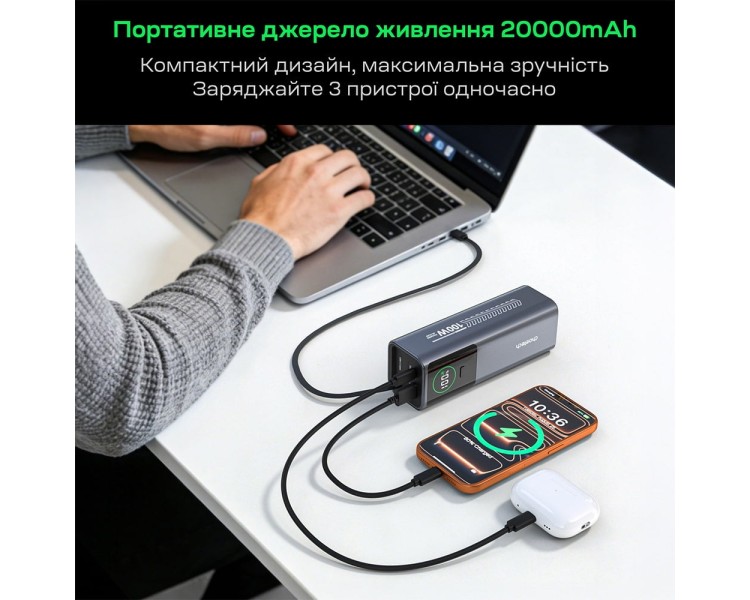 Повербанк 20000mAh Choetech B1012 Grey 100W з EU адаптером QC3.0 PD3.0, вбудований кабель