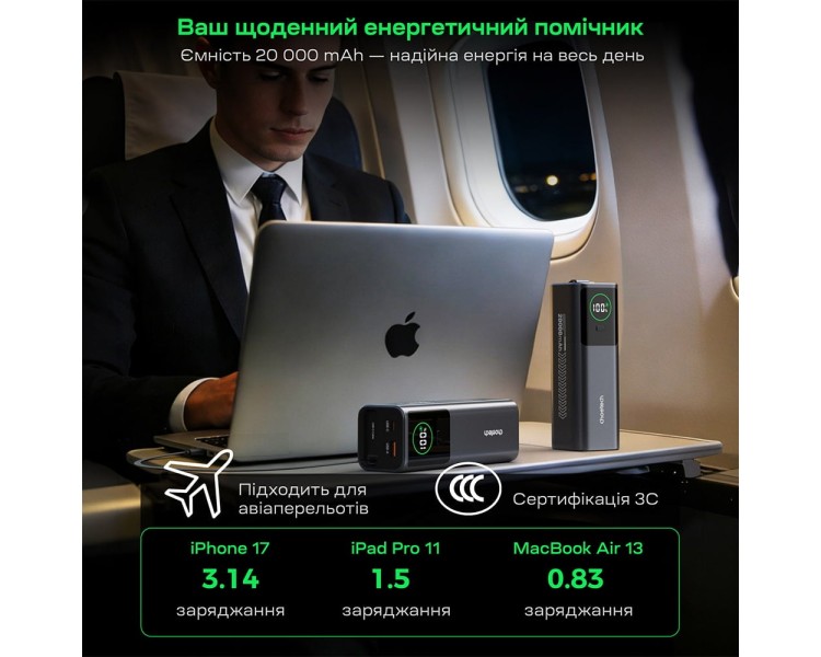 Повербанк 20000mAh Choetech B1012 Grey 100W з EU адаптером QC3.0 PD3.0, вбудований кабель