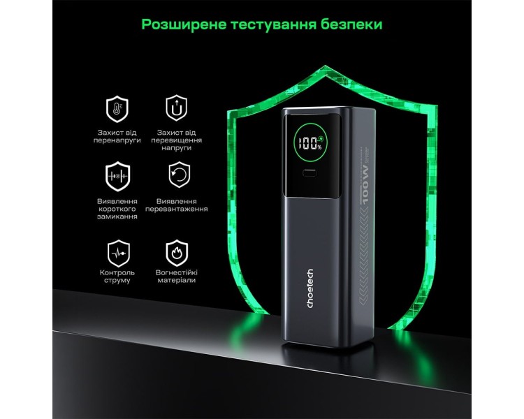 Повербанк 20000mAh Choetech B1012 Grey 100W з EU адаптером QC3.0 PD3.0, вбудований кабель