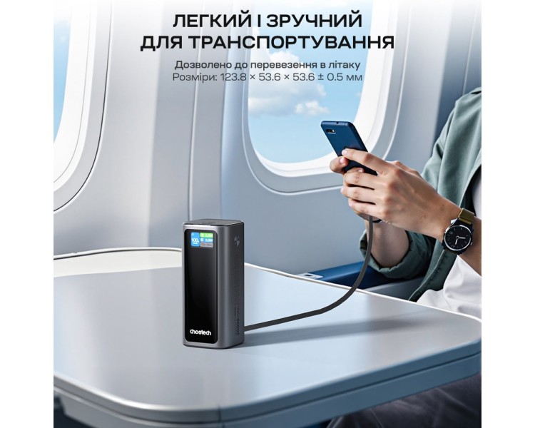 Повербанк 20000mAh Choetech B815 Grey 130W QC3.0 PD3.0 TFT Smart дисплей, вбудований кабель