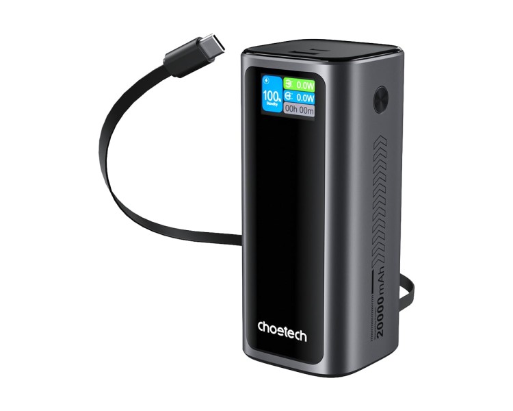 Повербанк 20000mAh Choetech B815 Grey 130W QC3.0 PD3.0 TFT Smart дисплей, вбудований кабель