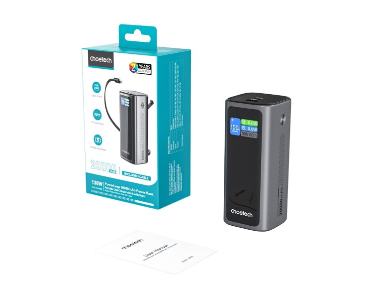 Повербанк 20000mAh Choetech B815 Grey 130W QC3.0 PD3.0 TFT Smart дисплей, вбудований кабель